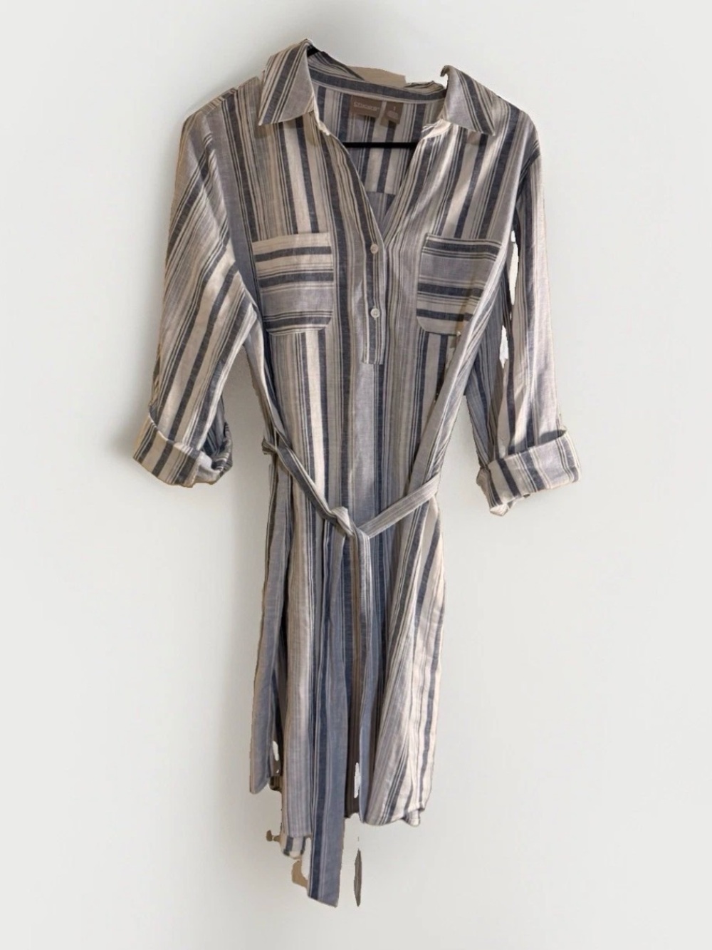Chico's Striped Linen Rayon Shirt Dress Tie Waist Roll Tab Sleeve Women's Size 1